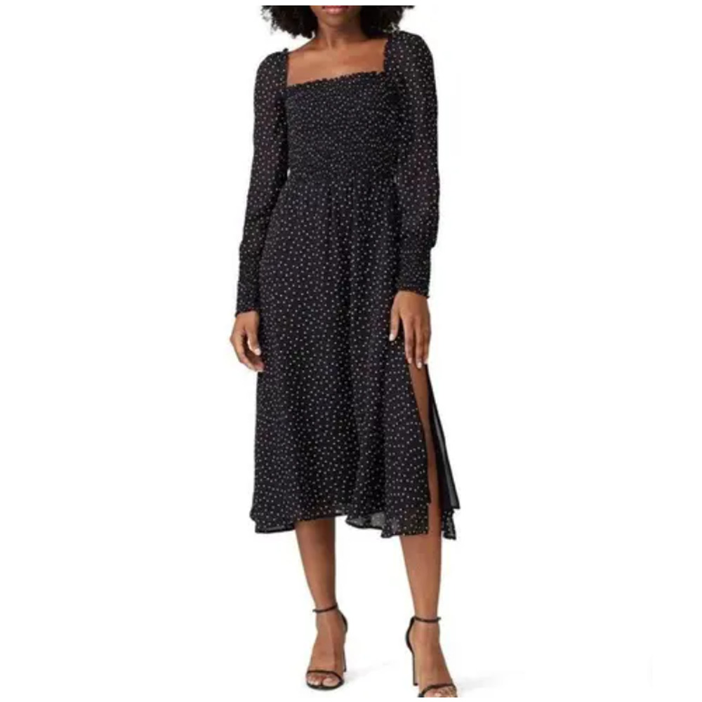 Reformation Rowan Polka Dot Smocked Midi Dress Square Neck Black Medium